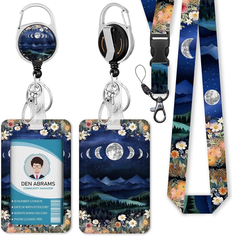 Piefly Lanyards for Id Badges, Badge Holder with Retractable Reel Clip, Detachable Moon Mountain Flower Night Work Name Tag Lanyard Vertical ID Card Protector for Women Nurse Doctor Teacher Student - Image 1